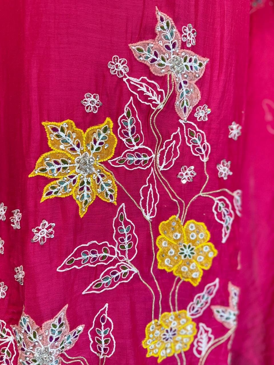 Pure Banaras Mull Chanderi Rani Pink 3pc Set
