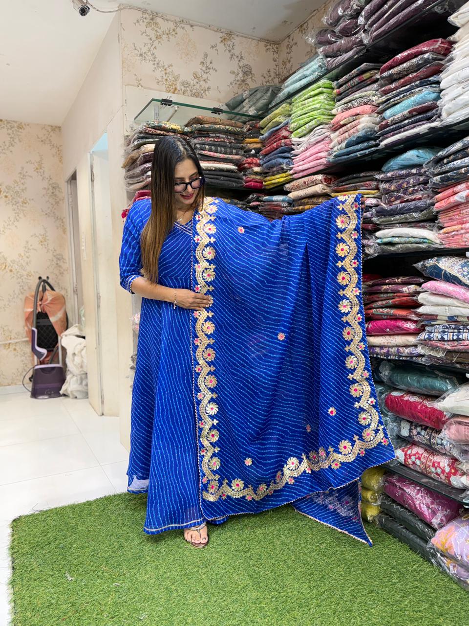 Pure Kota Doria Royal Blue Anarkali 3pc Set
