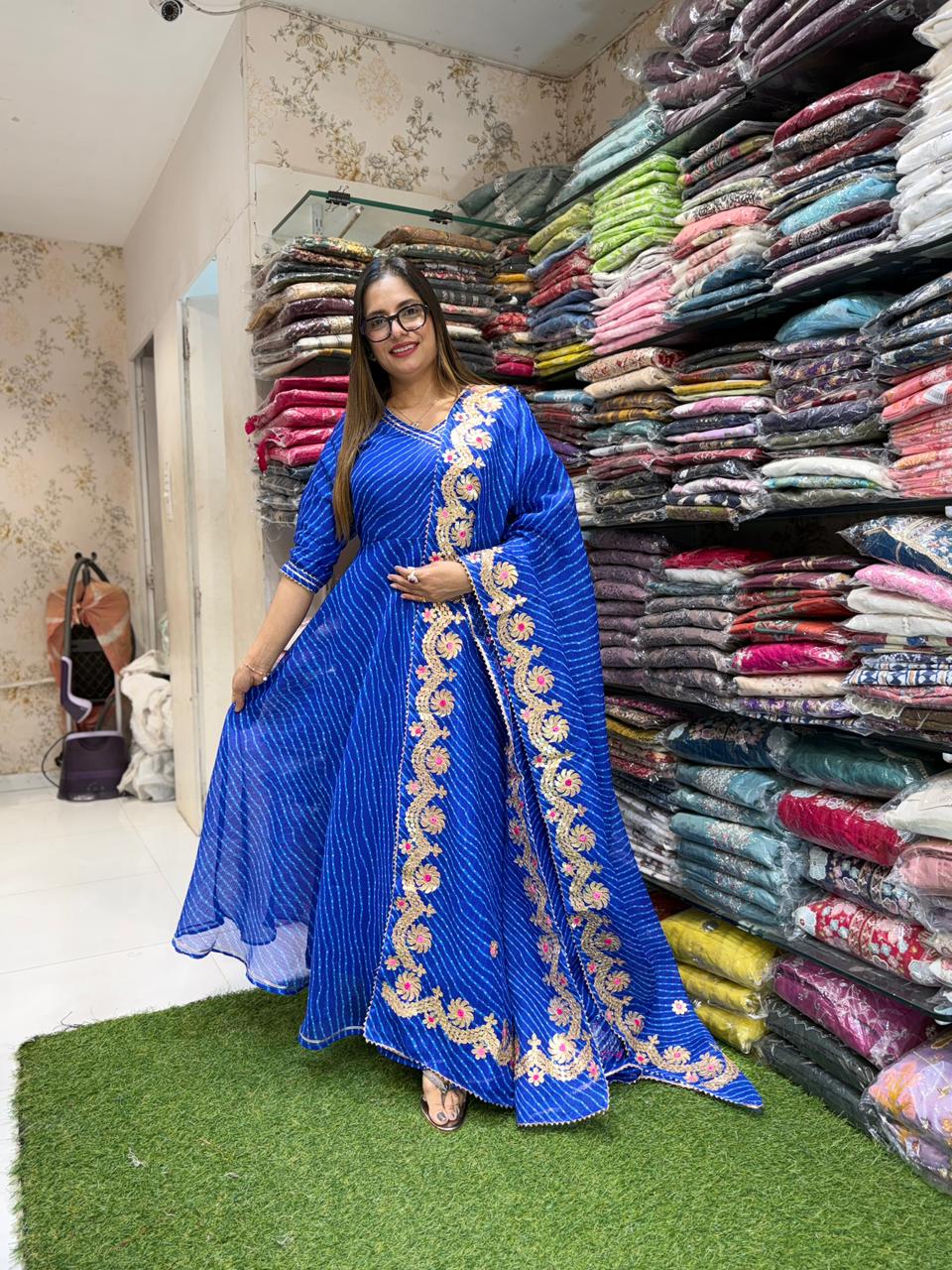 Pure Kota Doria Royal Blue Anarkali 3pc Set
