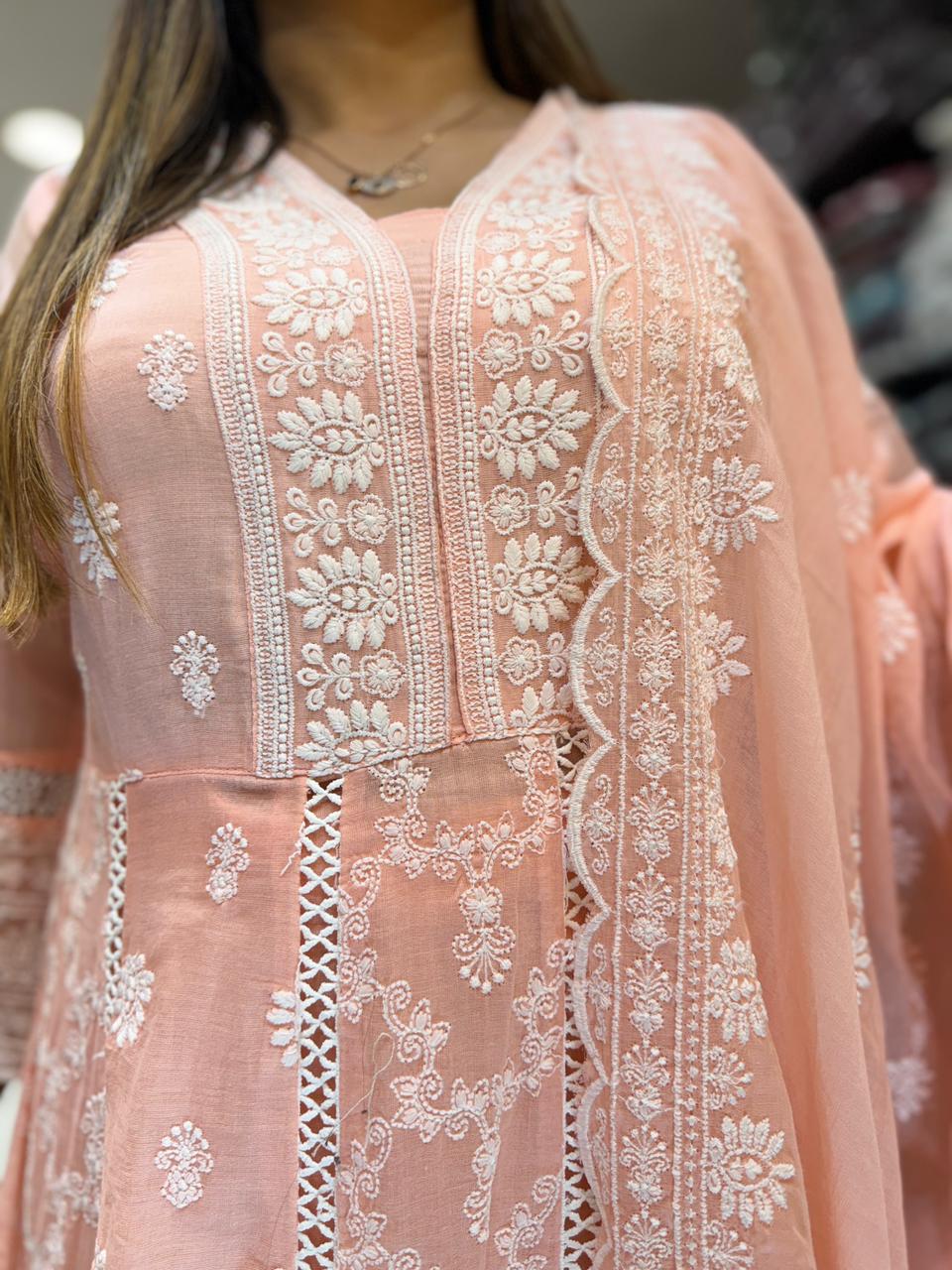 Pure Mull Cotton Peach Pink Shoulder Anarkali 3pc Set