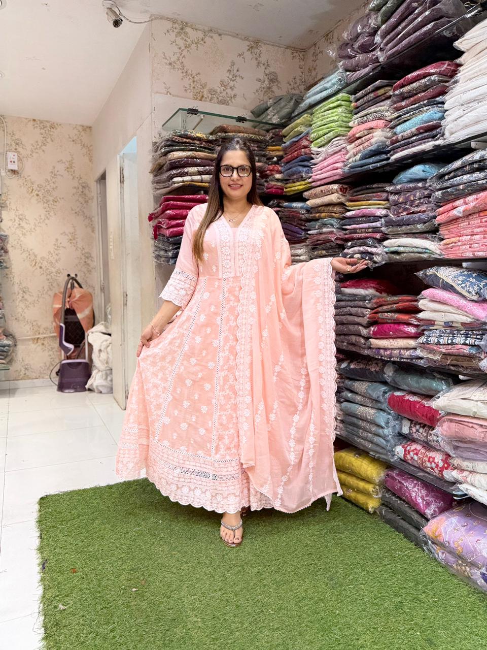 Pure Mull Cotton Peach Pink Shoulder Anarkali 3pc Set
