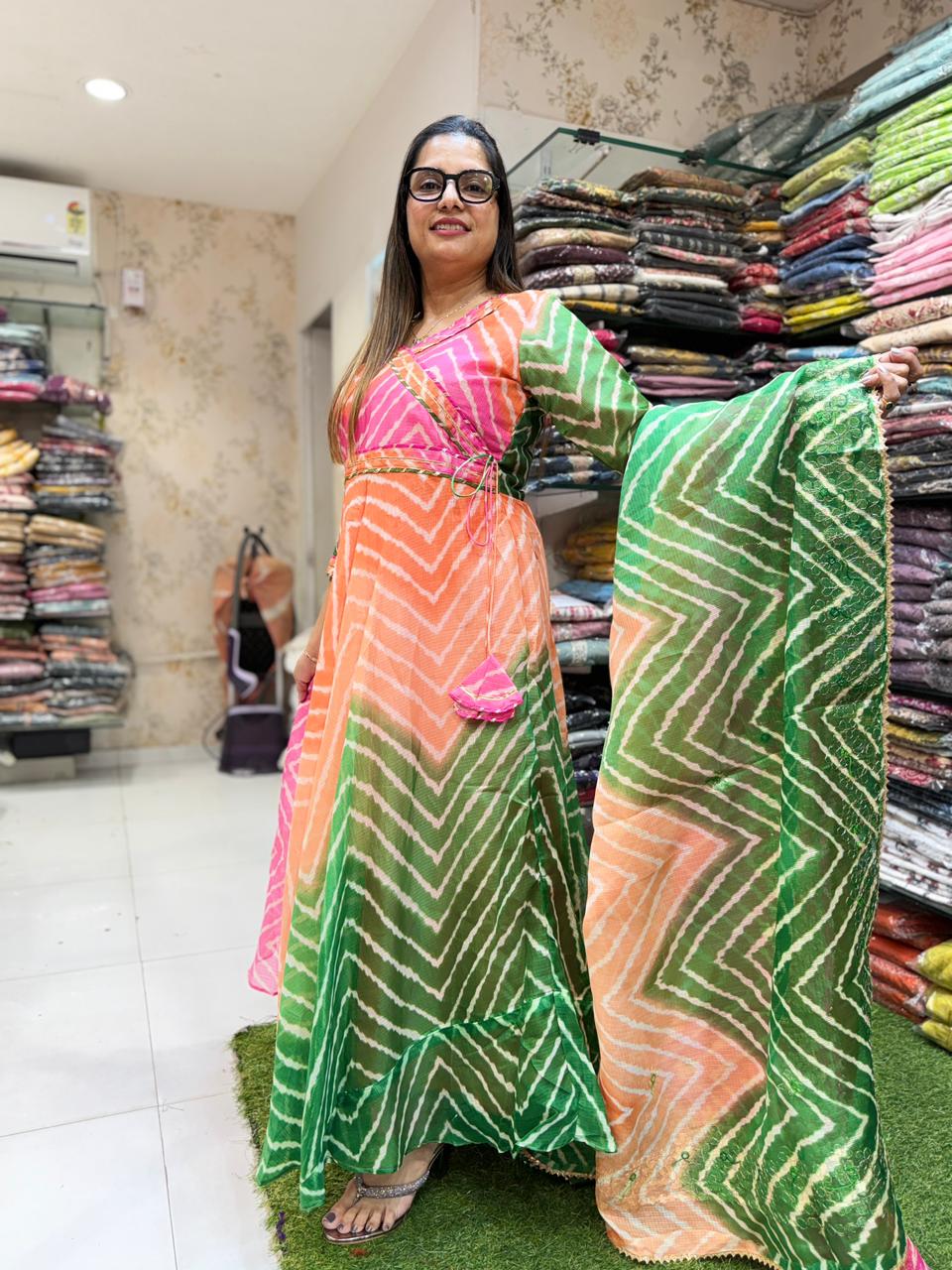 Pure Kota Doria Leharia Anarkali 3pc Set