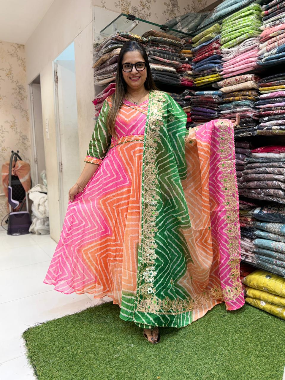 Pure Kota Doria Leharia Anarkali 3pc Set