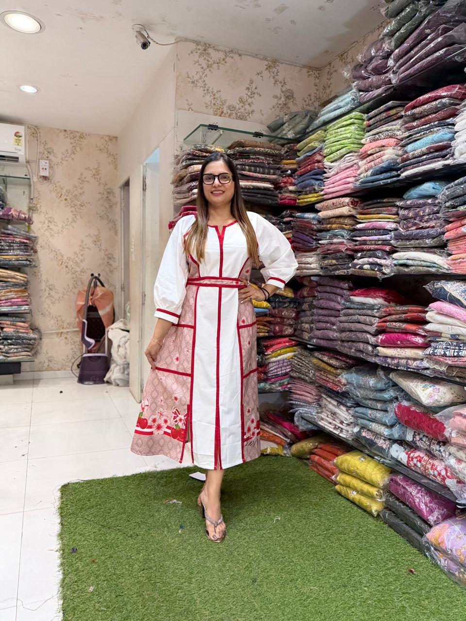 Pure Slub Cotton Pearl White And Red Midi