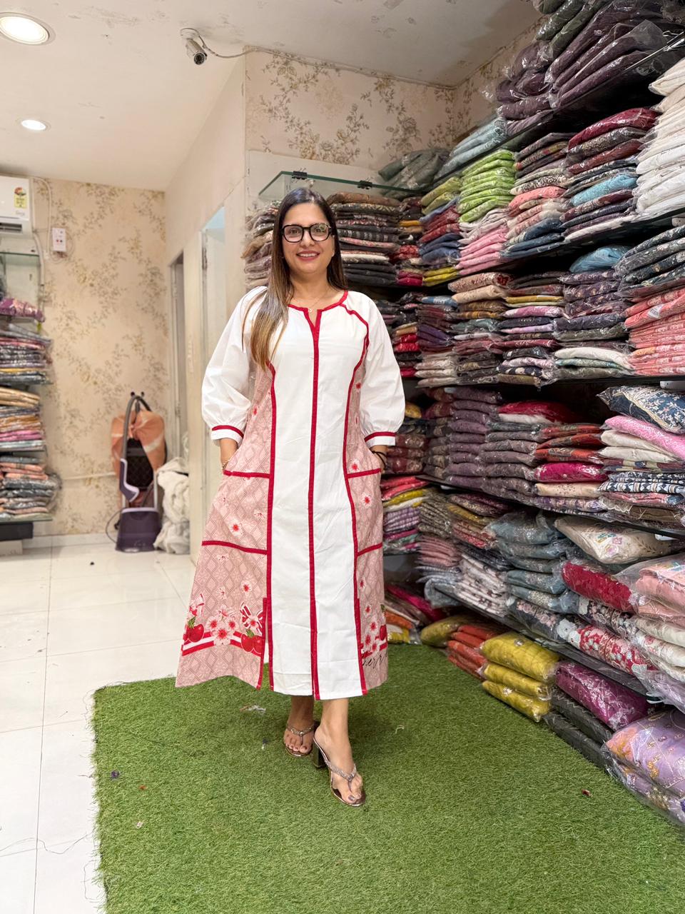 Pure Slub Cotton Pearl White And Red Midi