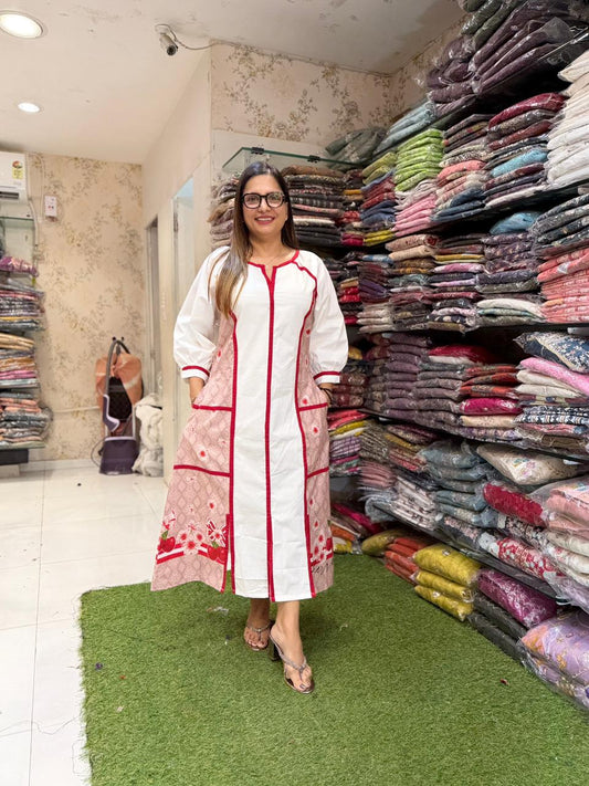 Pure Slub Cotton Pearl White And Red Midi