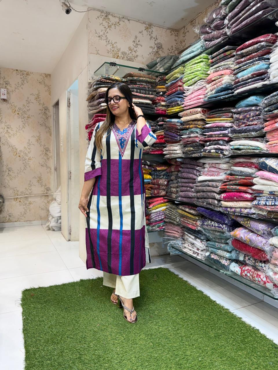 Pure Cotton Off White And Purple 2pc Set
