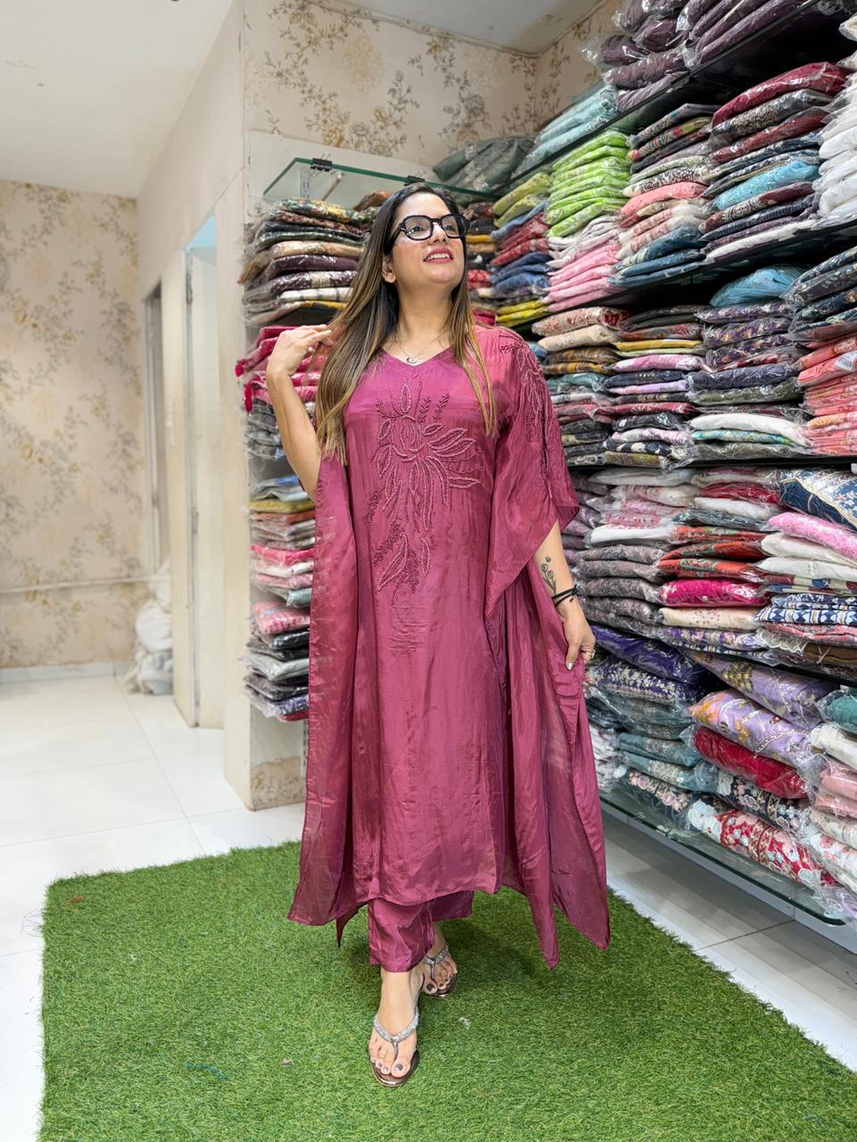 Pure Crep Burgundy Kaftan 3pc Set