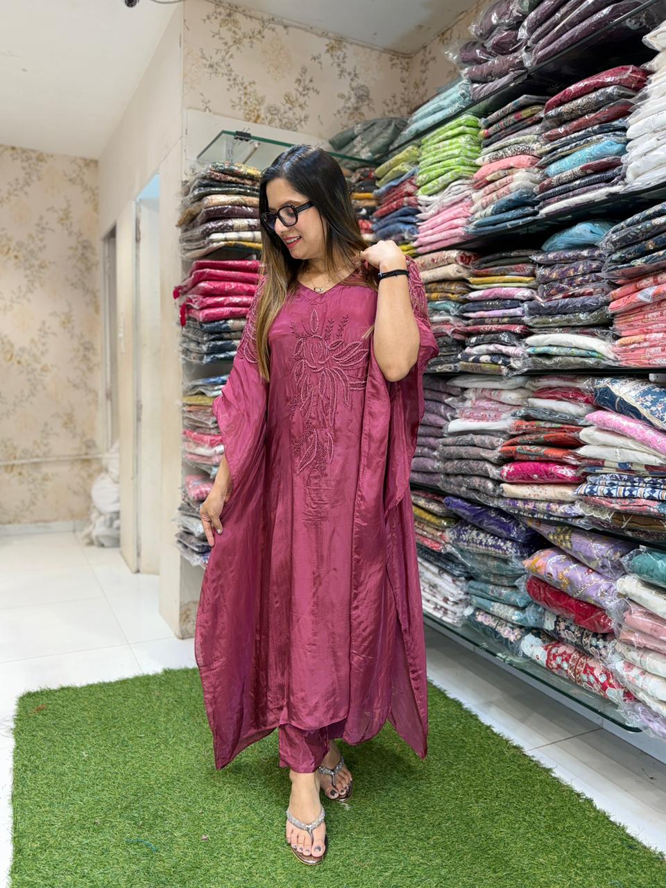 Pure Crep Burgundy Kaftan 3pc Set