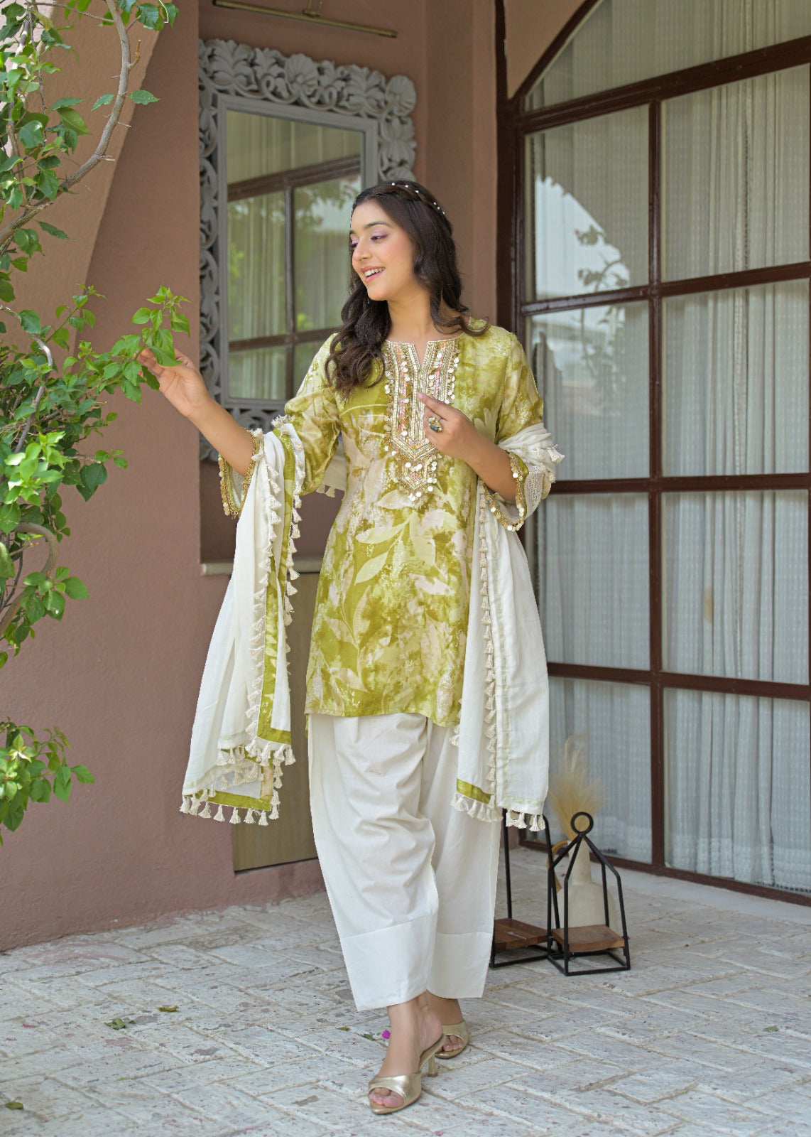 Pure Muslin Pista Green Farsi Salwar 3pc Set