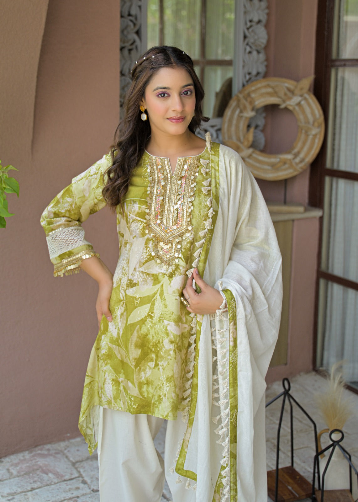 Pure Muslin Pista Green Farsi Salwar 3pc Set