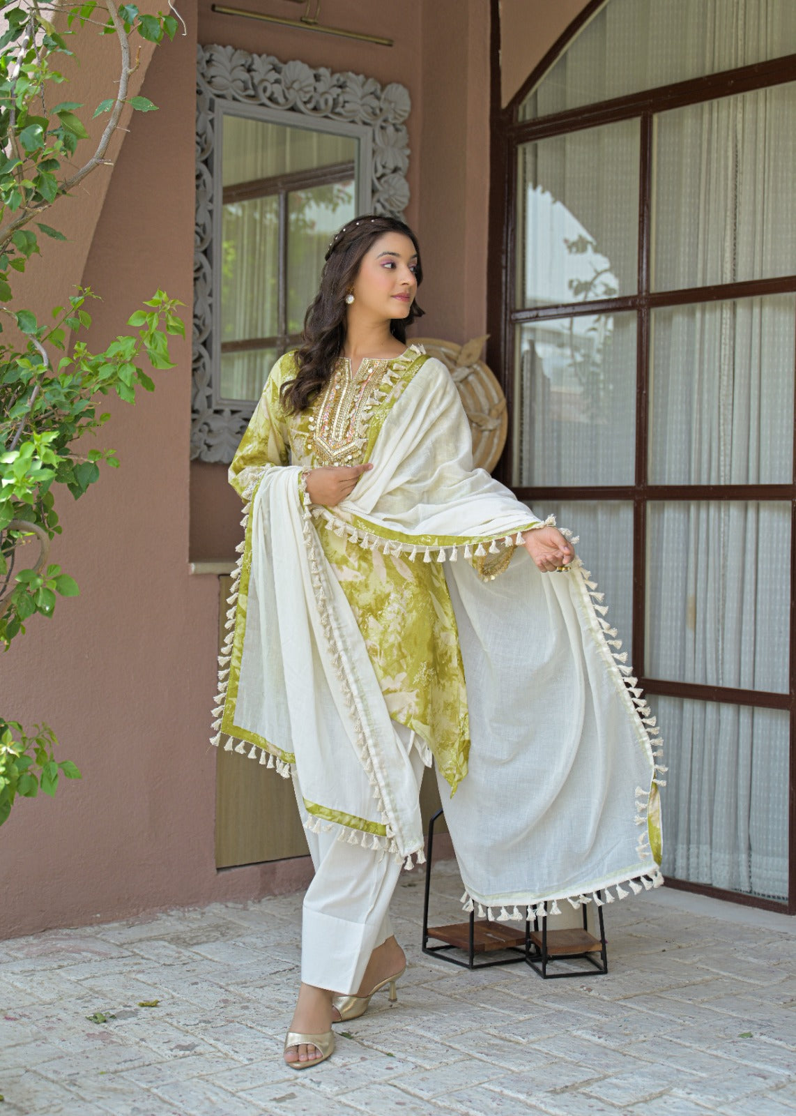 Pure Muslin Pista Green Farsi Salwar 3pc Set