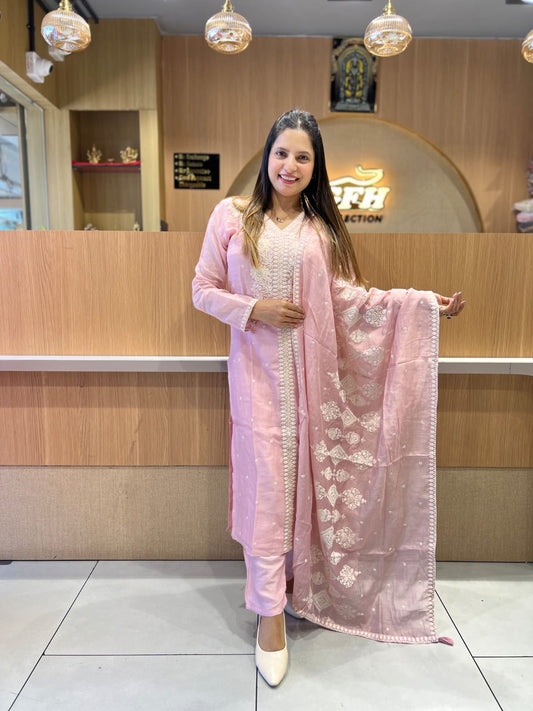 Pure Banaras Mull Chanderi Baby Pink 3pc Set