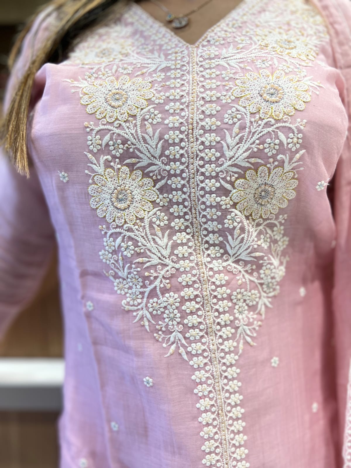 Pure Banaras Mull Chanderi Baby Pink 3pc Set