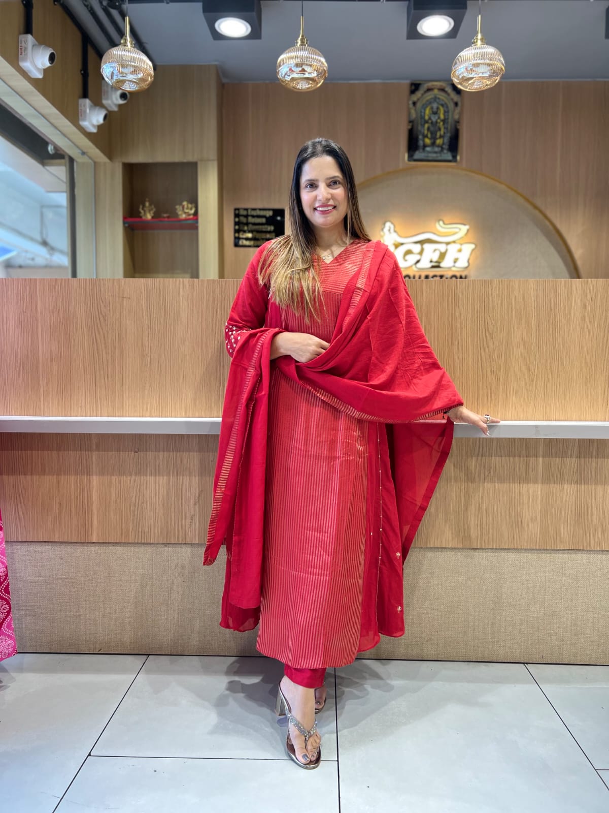 Pure Banaras Mull Chanderi Red 3pc Set