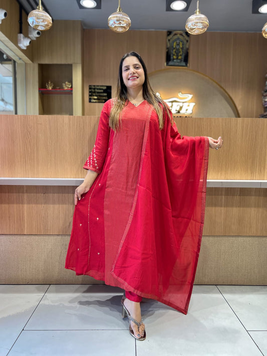 Pure Banaras Mull Chanderi Red 3pc Set