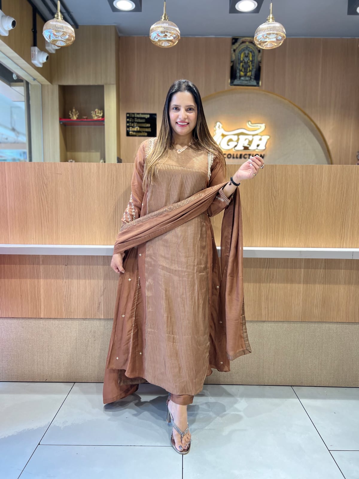Pure Banaras Mull Chanderi Brown 3pc Set