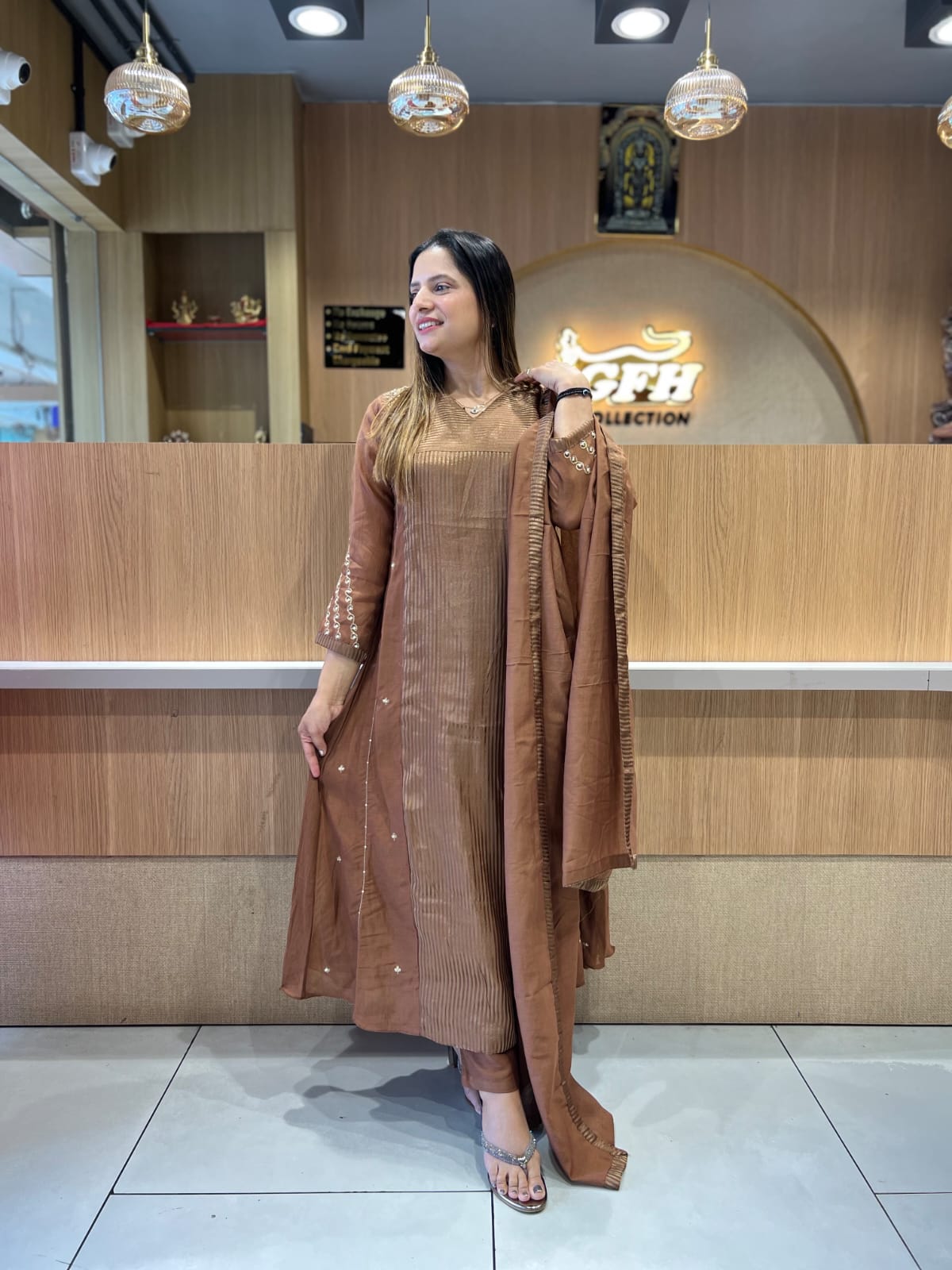 Pure Banaras Mull Chanderi Brown 3pc Set