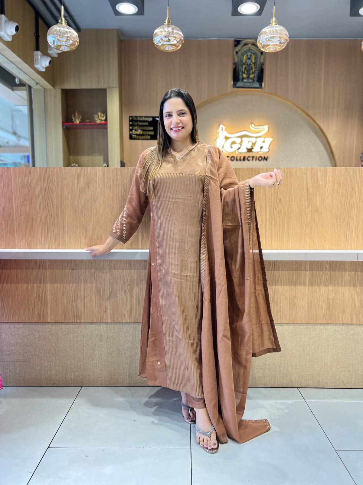 Pure Banaras Mull Chanderi Brown 3pc Set