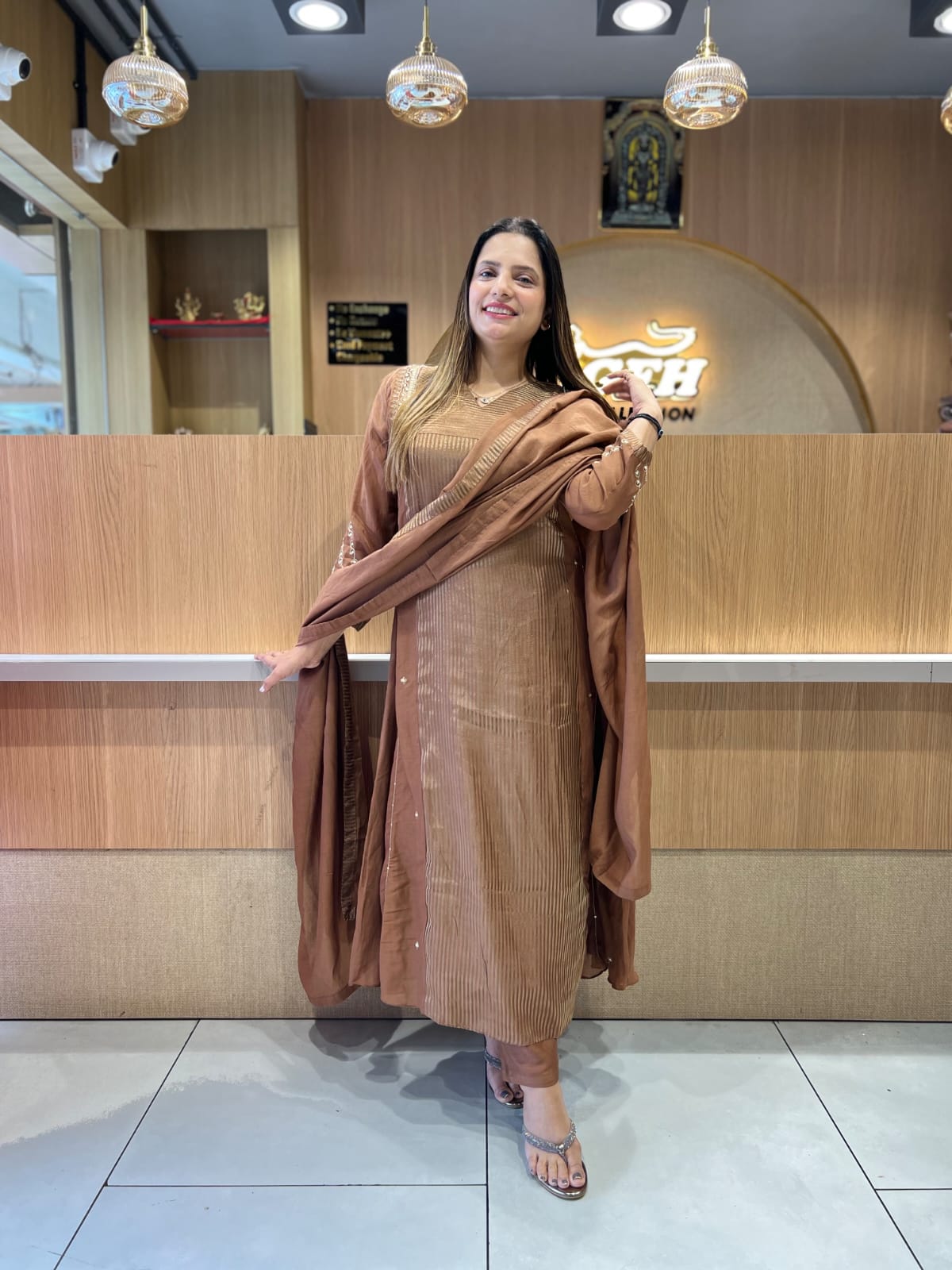 Pure Banaras Mull Chanderi Brown 3pc Set