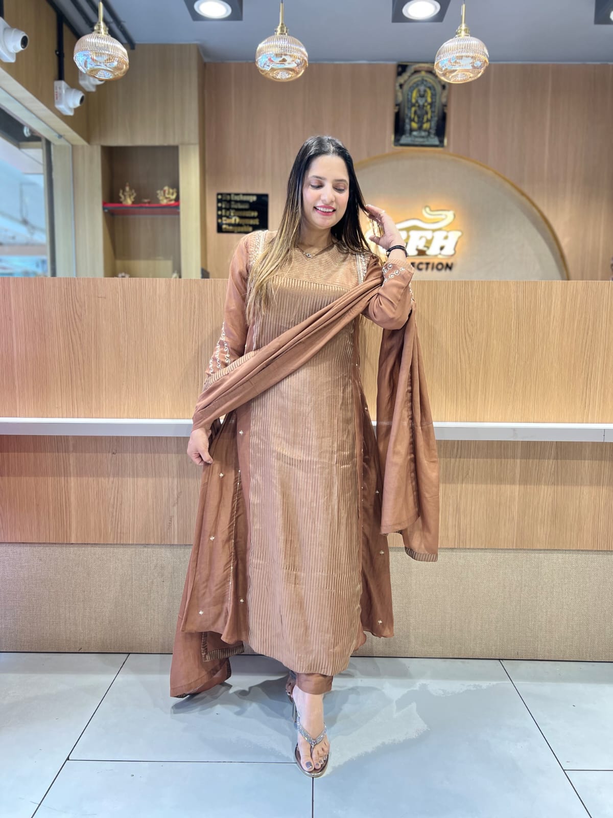 Pure Banaras Mull Chanderi Brown 3pc Set