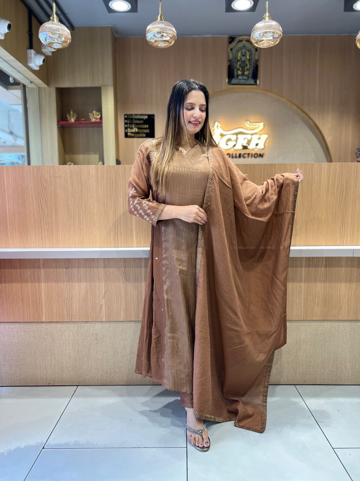 Pure Banaras Mull Chanderi Brown 3pc Set