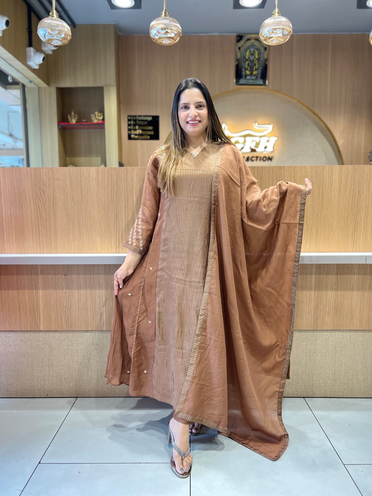 Pure Banaras Mull Chanderi Brown 3pc Set