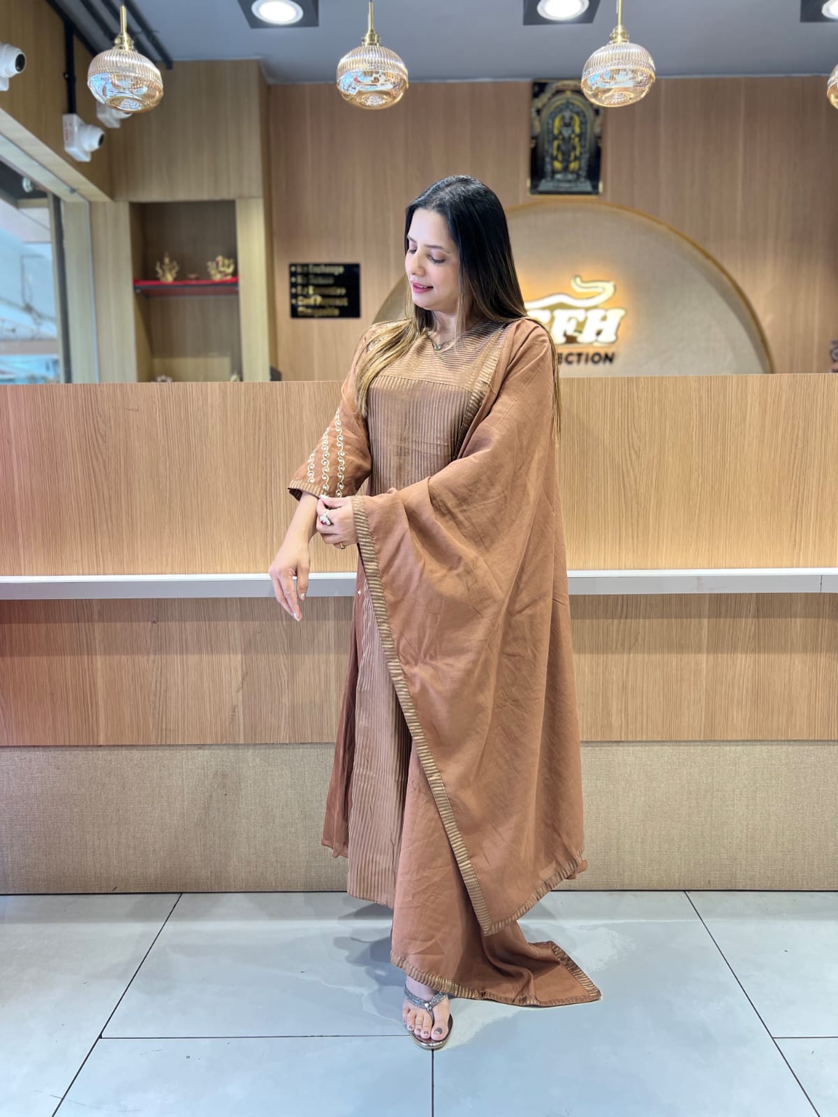 Pure Banaras Mull Chanderi Brown 3pc Set