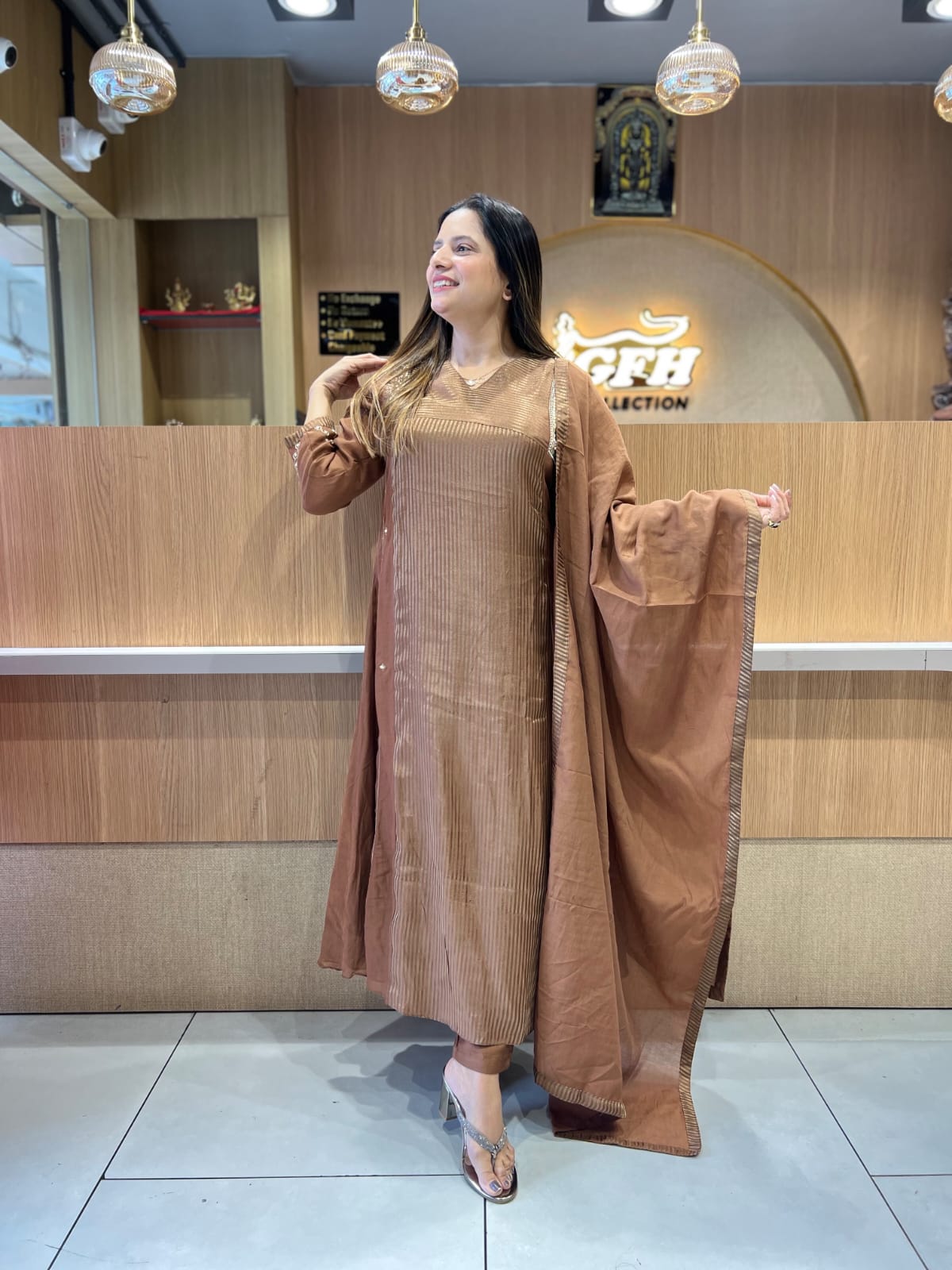 Pure Banaras Mull Chanderi Brown 3pc Set
