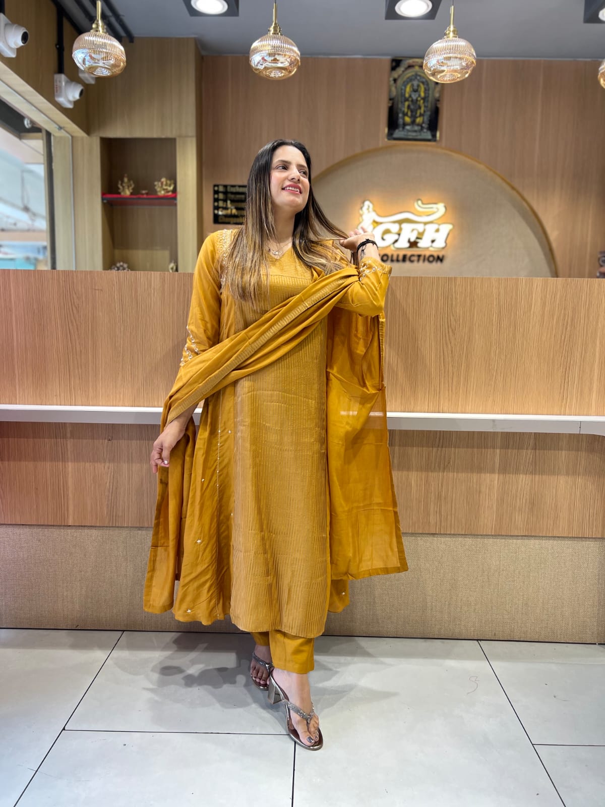 Pure Banaras Mull Chanderi Mustard Yellow 3pc Set