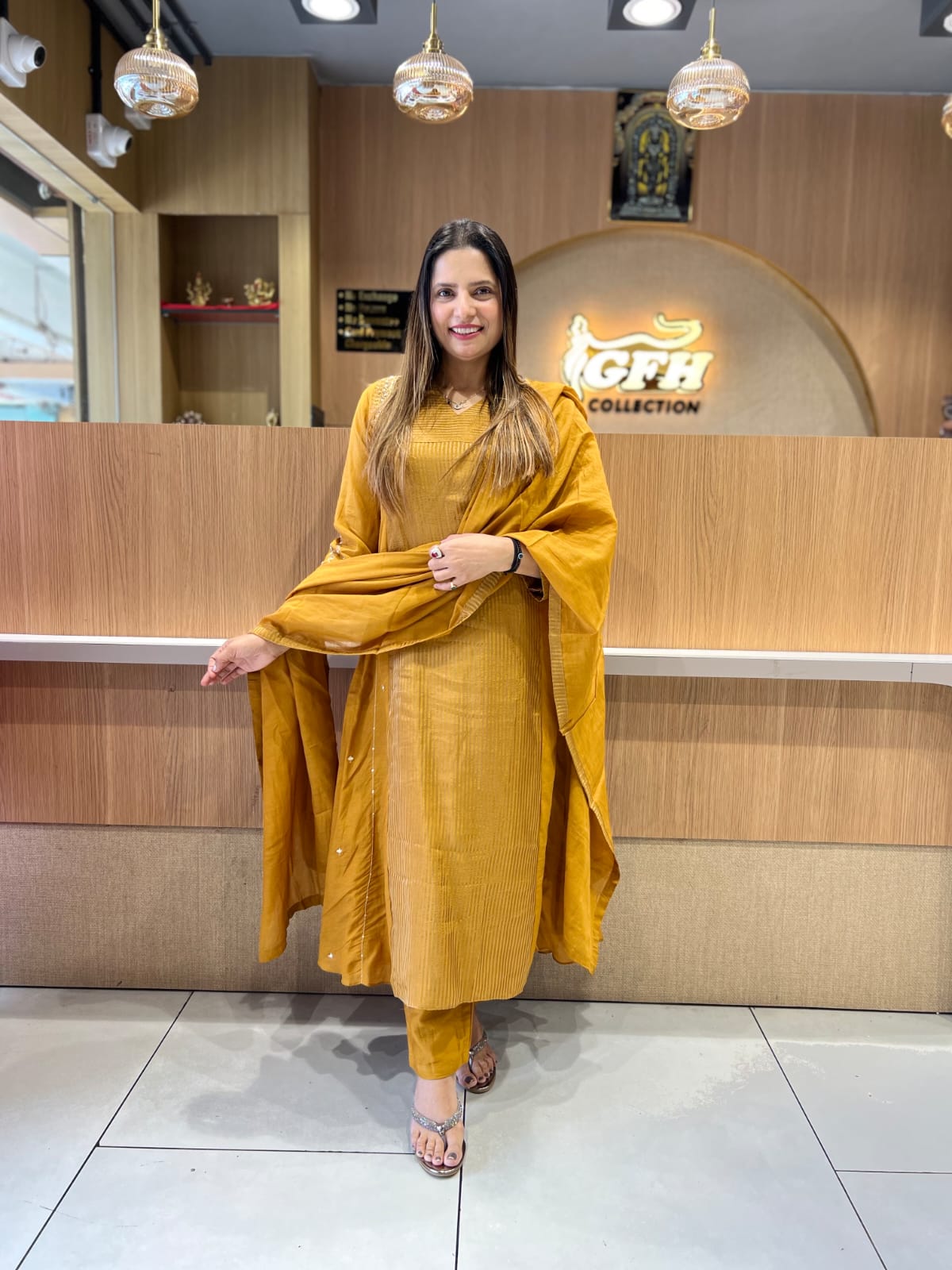 Pure Banaras Mull Chanderi Mustard Yellow 3pc Set