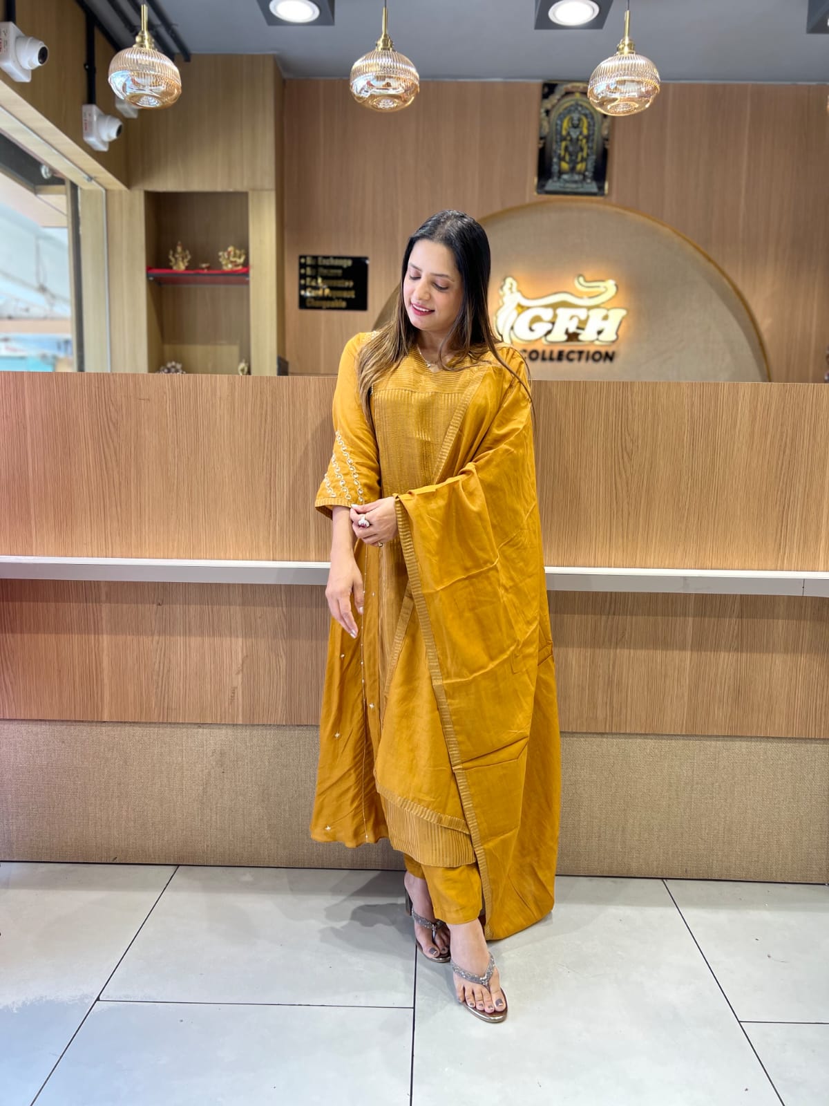Pure Banaras Mull Chanderi Mustard Yellow 3pc Set
