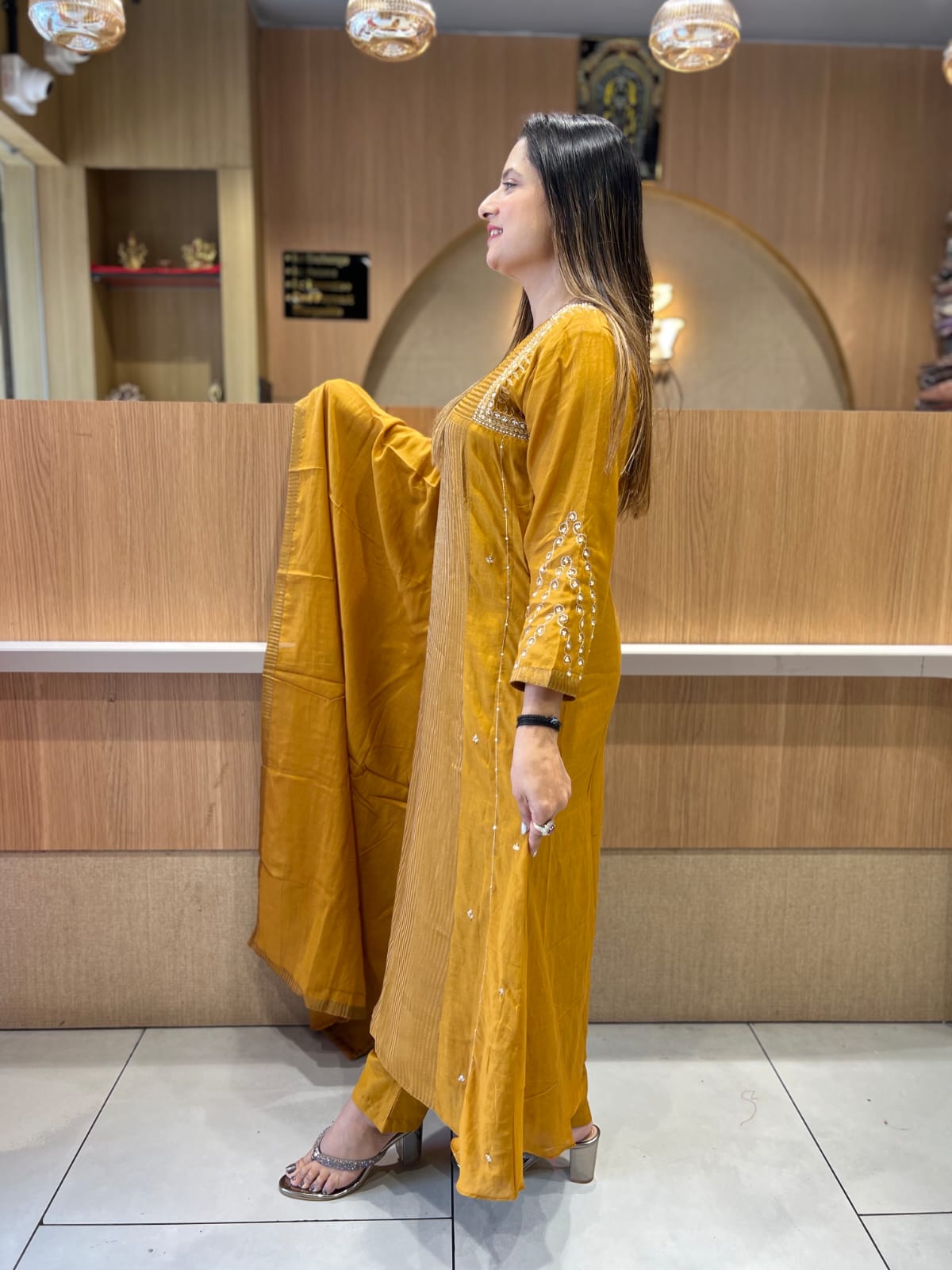 Pure Banaras Mull Chanderi Mustard Yellow 3pc Set
