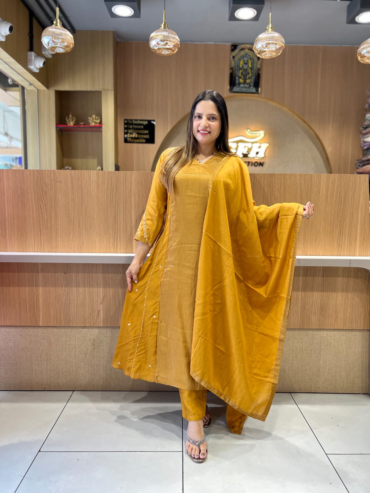 Pure Banaras Mull Chanderi Mustard Yellow 3pc Set