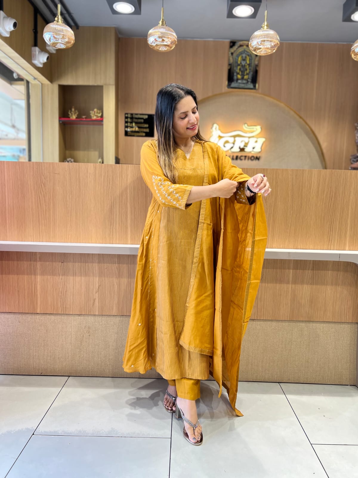 Pure Banaras Mull Chanderi Mustard Yellow 3pc Set