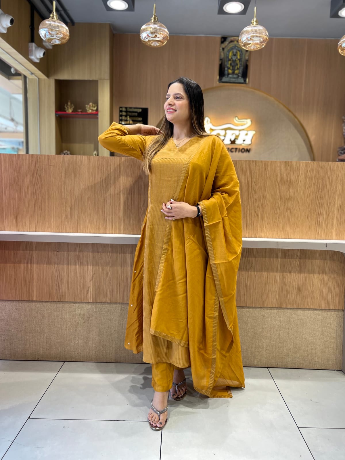 Pure Banaras Mull Chanderi Mustard Yellow 3pc Set