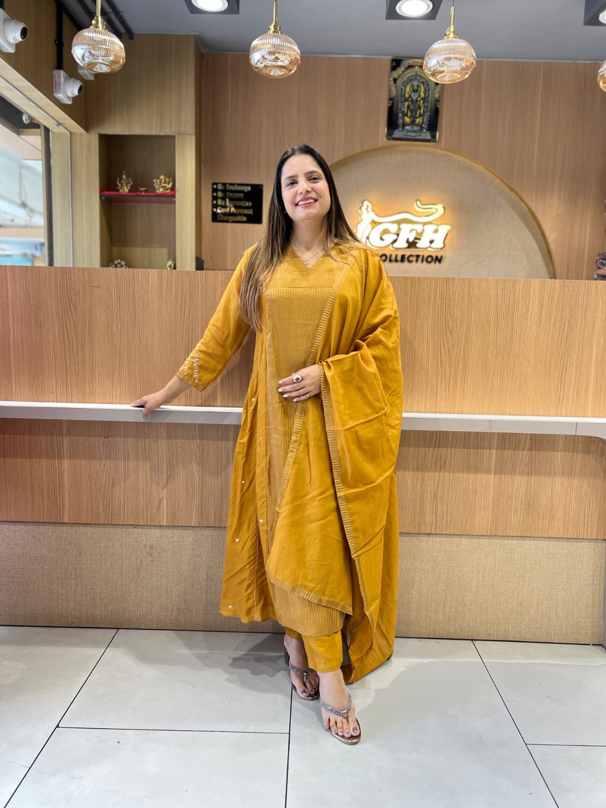 Pure Banaras Mull Chanderi Mustard Yellow 3pc Set