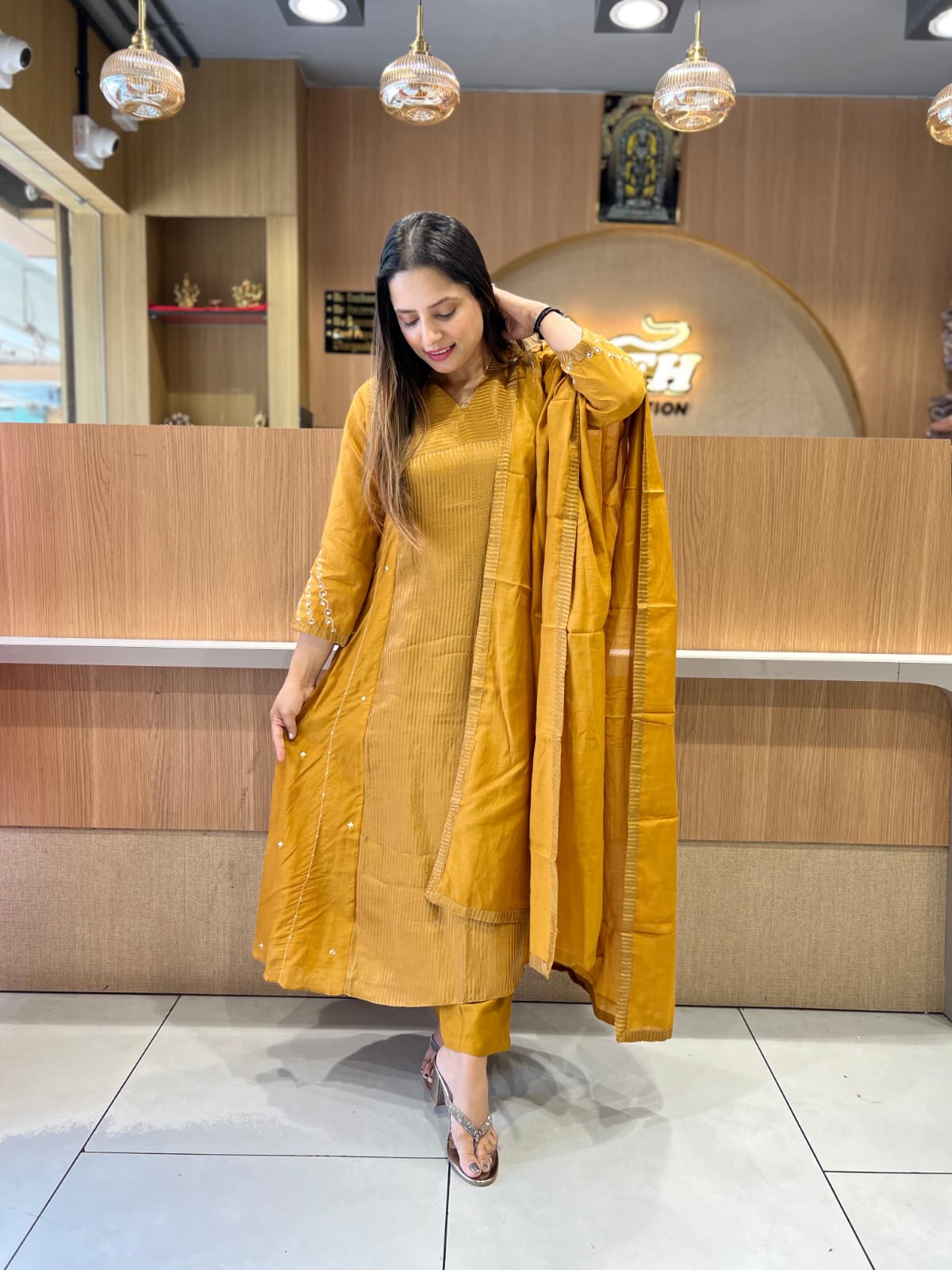 Pure Banaras Mull Chanderi Mustard Yellow 3pc Set