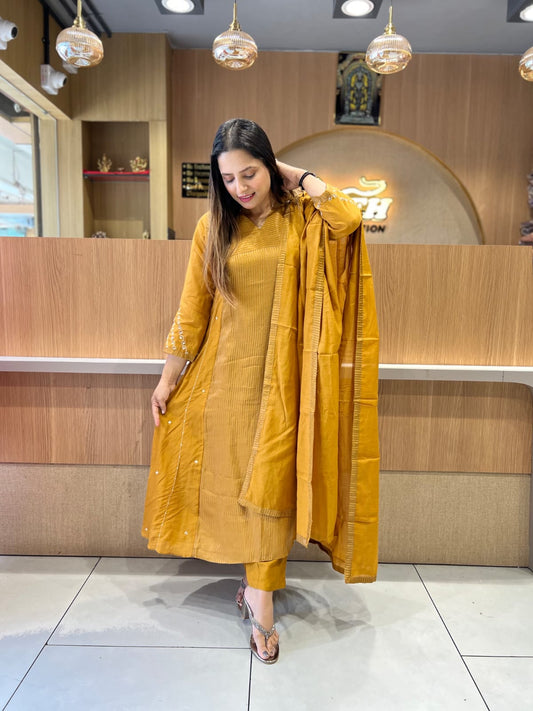 Pure Banaras Mull Chanderi Mustard Yellow 3pc Set
