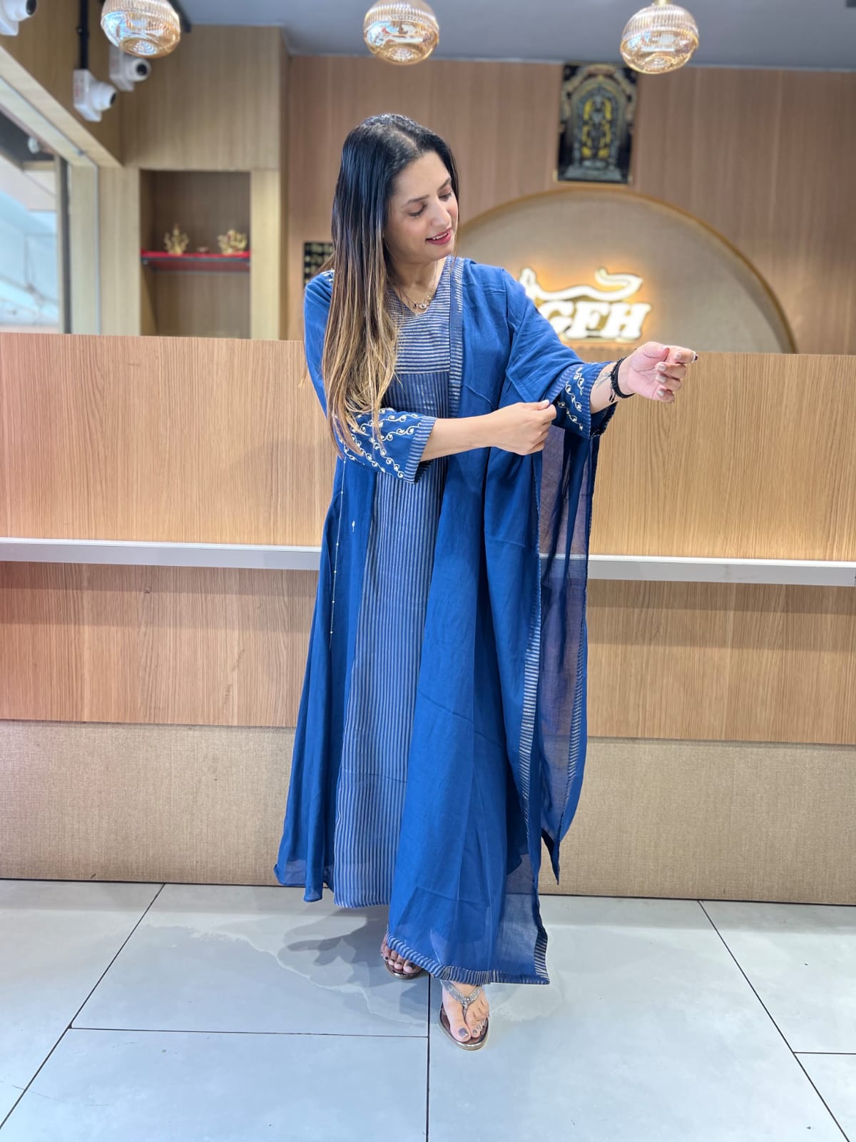 Pure Banaras Mull Chanderi Blue 3pc Set