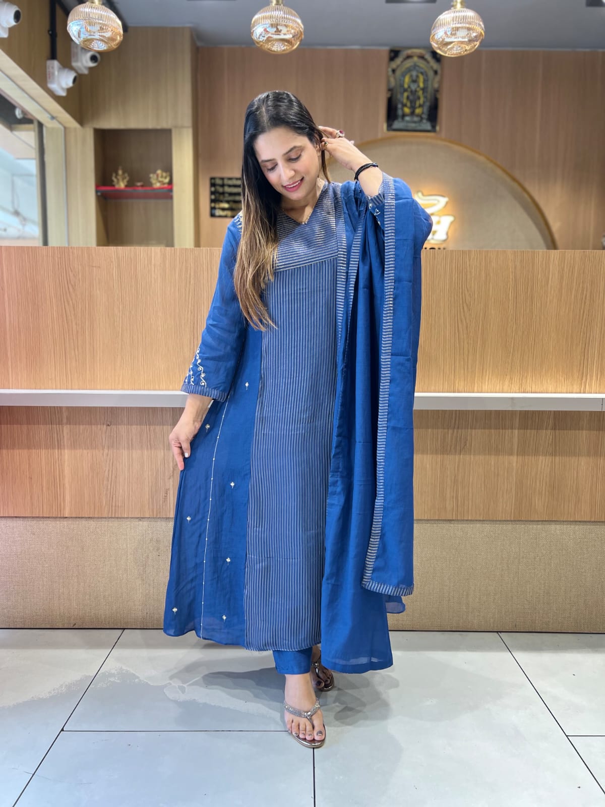 Pure Banaras Mull Chanderi Blue 3pc Set