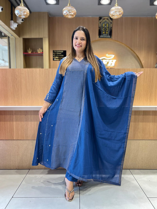 Pure Banaras Mull Chanderi Blue 3pc Set