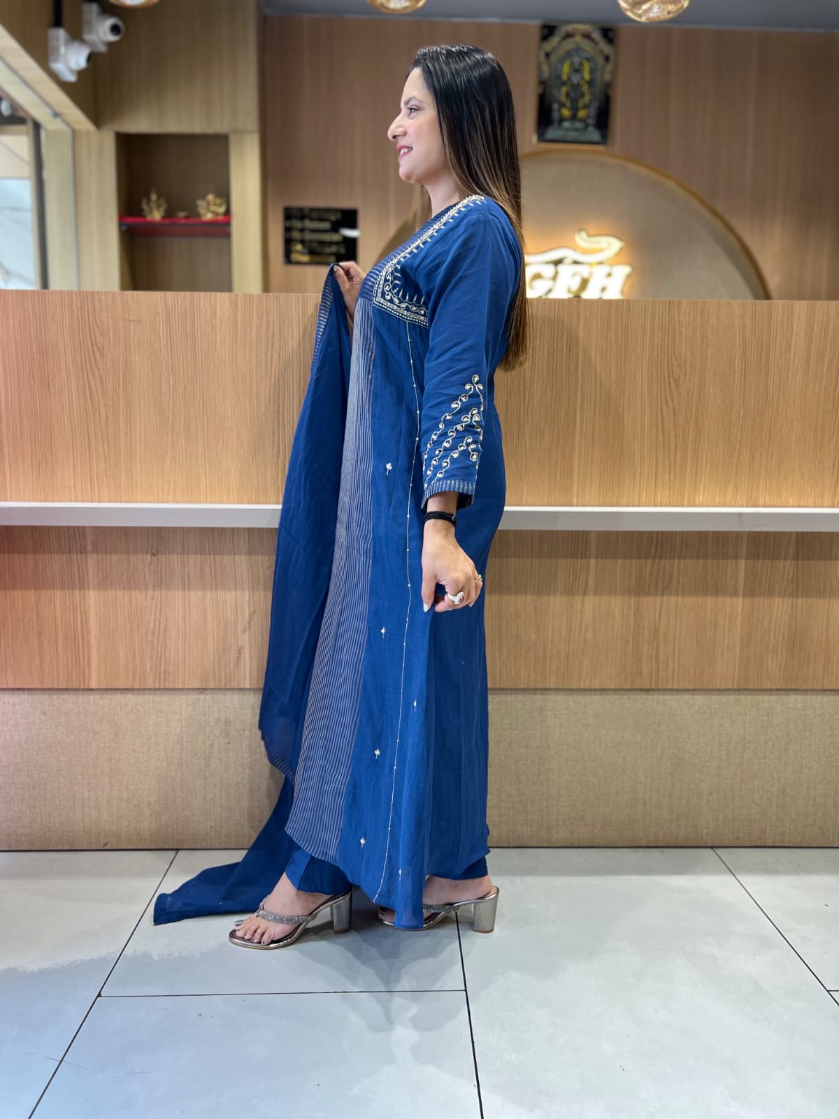 Pure Banaras Mull Chanderi Blue 3pc Set