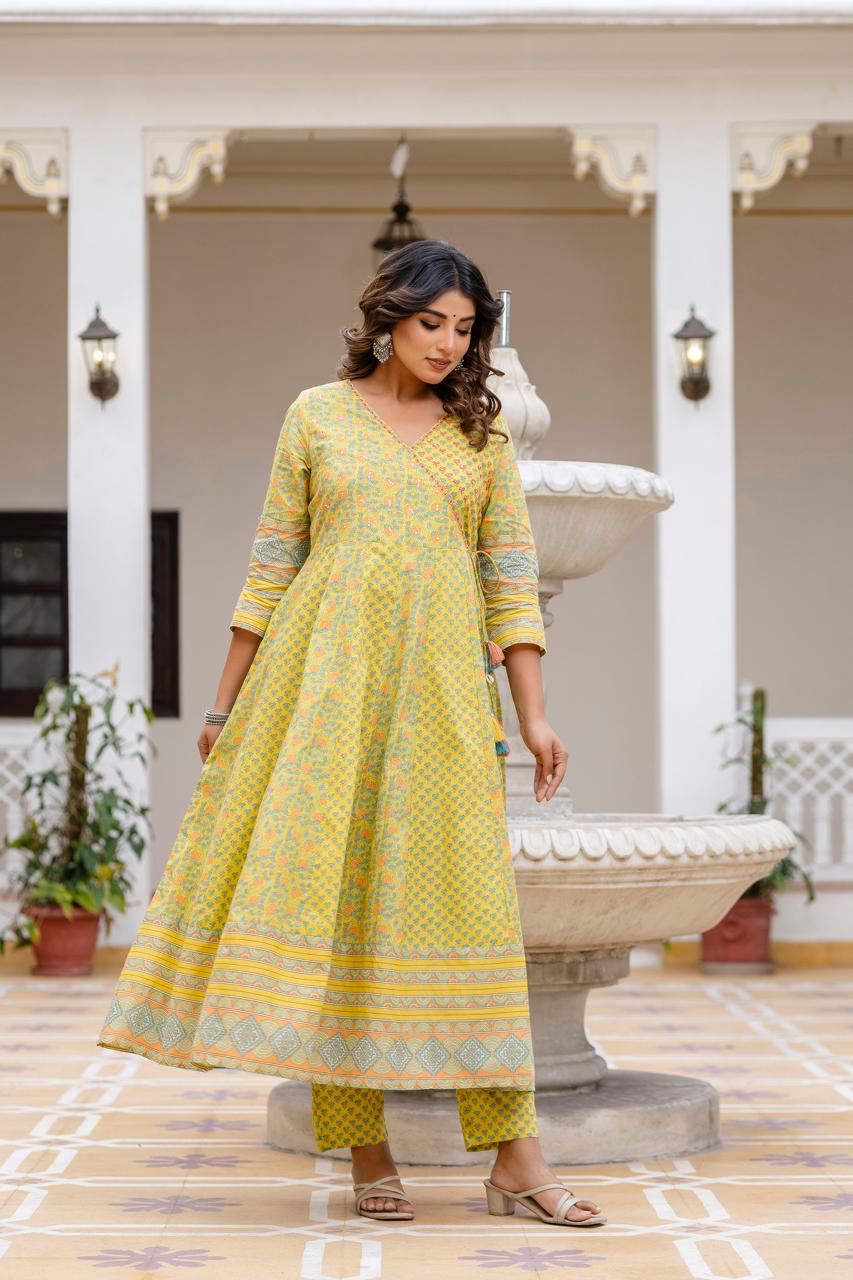 Pure Cotton Neon Green Anarkali 3pc Set