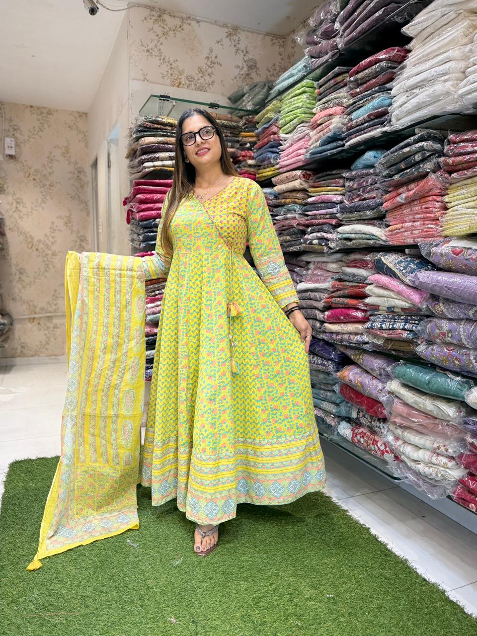 Pure Cotton Neon Green Anarkali 3pc Set