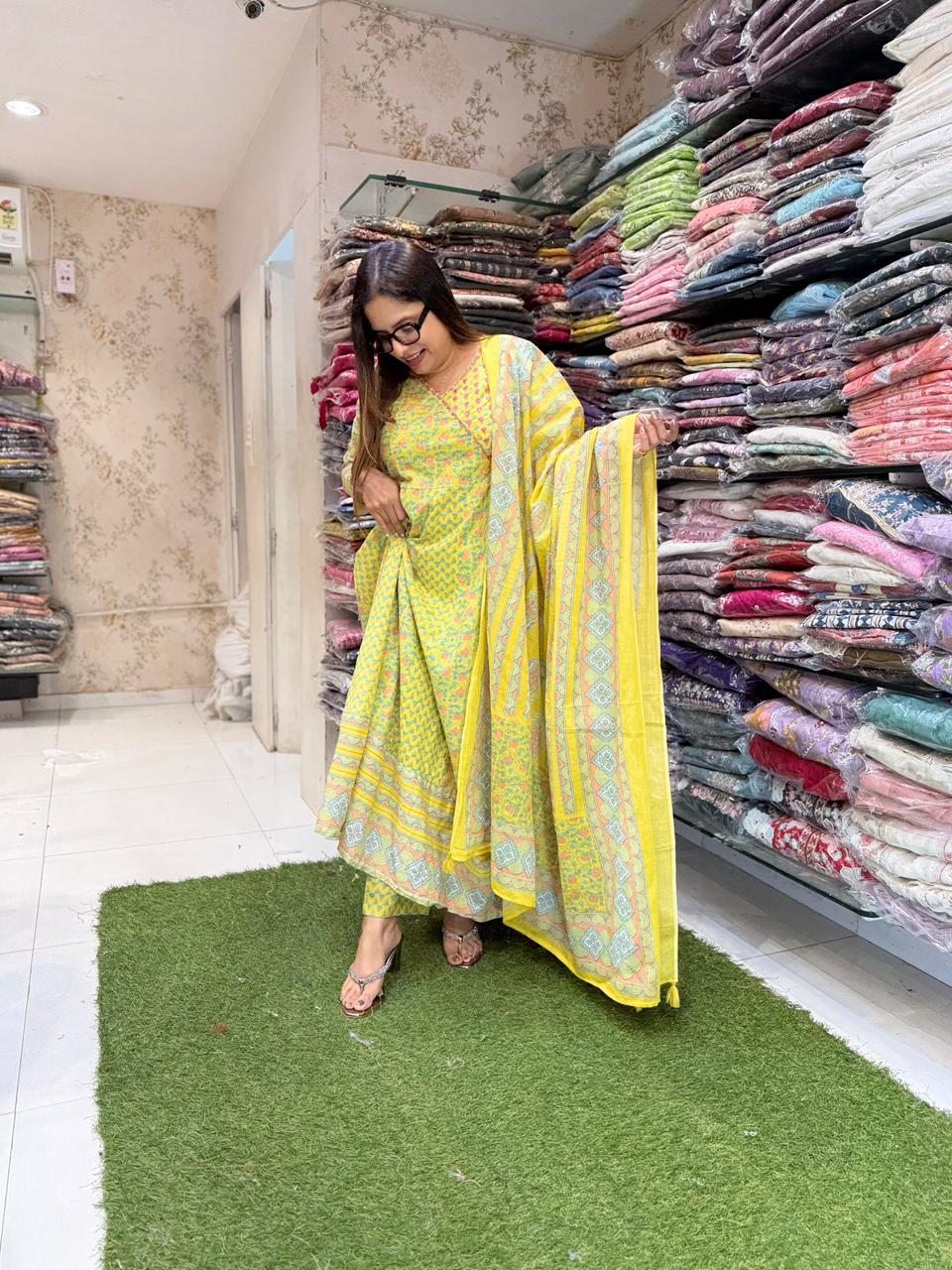 Pure Cotton Neon Green Anarkali 3pc Set