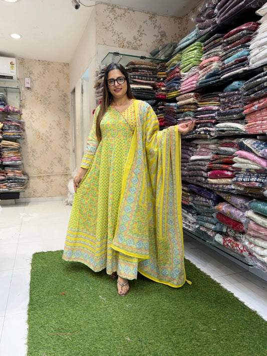 Pure Cotton Neon Green Anarkali 3pc Set