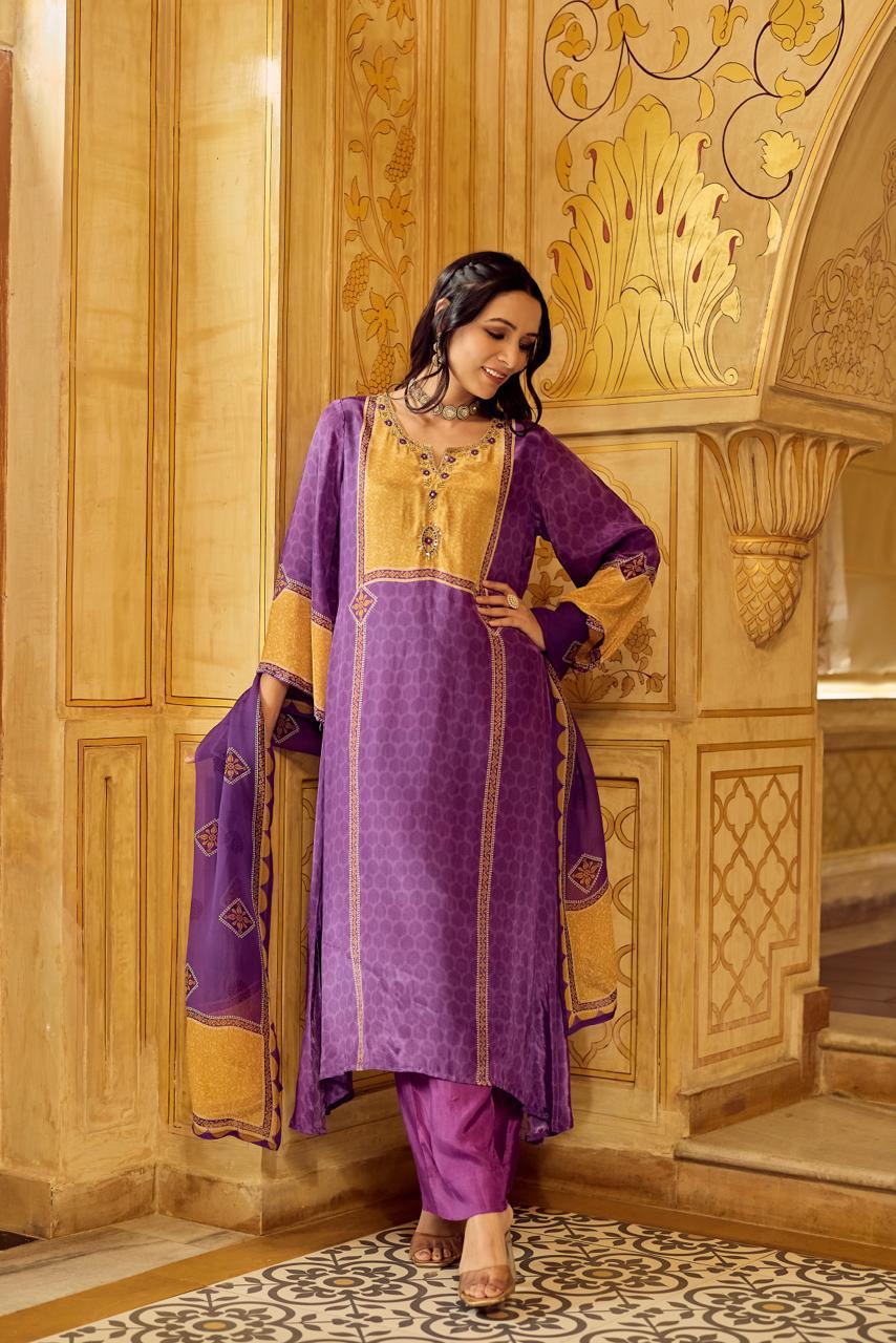 Pure Crep Purple Anarkali 3pc Set