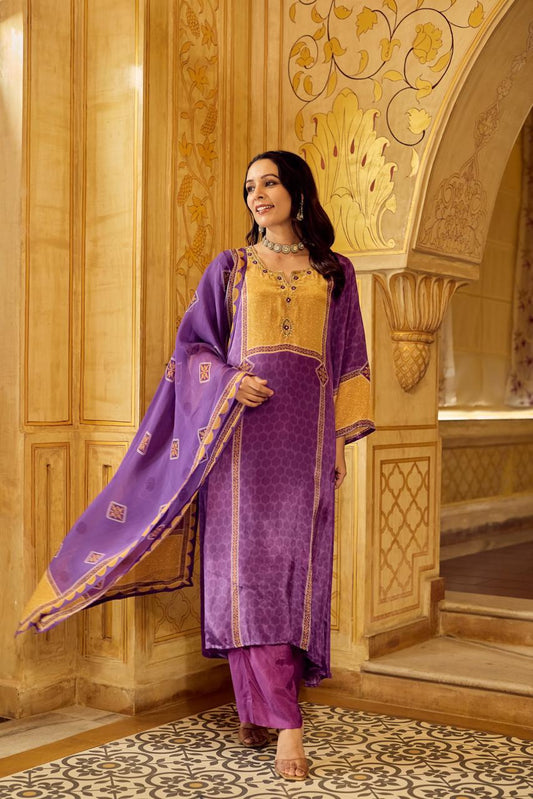 Pure Crep Purple Anarkali 3pc Set