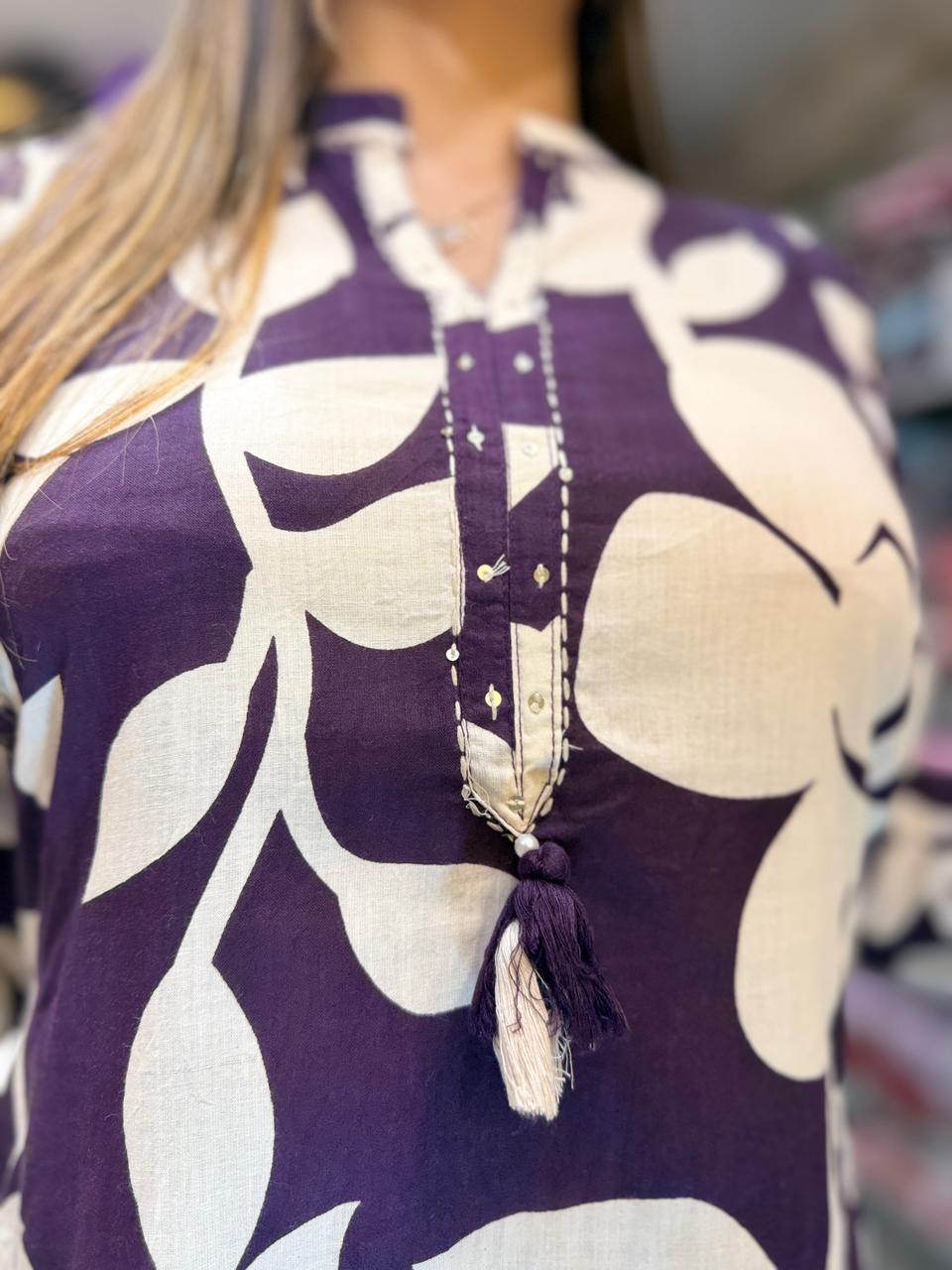 Pure Cotton Purple And Off White 2pc Set